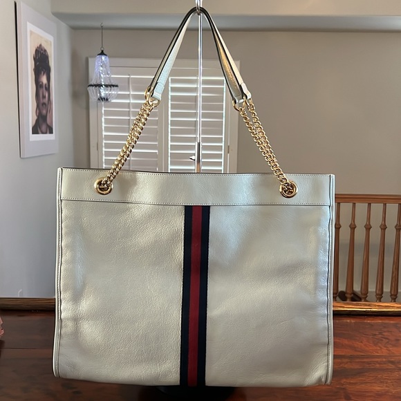 GUCCI Rajah Sylvie Web Leather Tote Bag Large w/Pochette White - Picture 3 of 16
